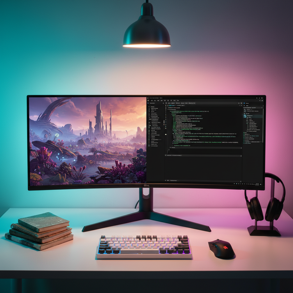 A sleek ultrawide curved monitor displaying a vibrant sci-fi game landscape on one side and a dark-themed code editor on the other, positioned on a tidy white desk with a compact mechanical keyboard and a wireless gaming mouse. A small stack of well-worn tech notebooks and a minimalist black headset stand sit nearby. Ambient cyan and magenta LED backlighting washes the wall behind the setup, while a single overhead lamp adds a soft, warm glow to the desk surface. Photographic realism with a slightly elevated angle and balanced composition, capturing the dual nature of gaming and development in a calm, focused environment that feels ideal for testing new ideas and designs.