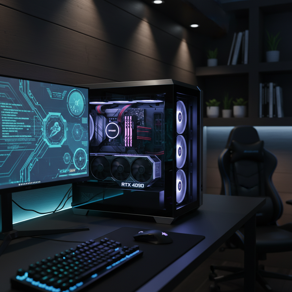 A custom-built gaming PC tower with a tempered glass side panel revealing neatly routed cables, RGB-lit fans, and a powerful GPU, sitting on a matte black desk beside a dual-monitor setup showing abstract code and futuristic HUD-style game overlays. The scene is set in a clean, modern home office with dark wood accents and subtle LED strips along the back edge of the desk. Cool-toned, directional LED lighting creates crisp reflections on brushed metal surfaces and casts soft shadows on the wall. Photographic realism at eye level, with a shallow depth of field that keeps the tower and monitors sharp while softly blurring the background, conveying a professional yet playful tech-gaming workspace for deep focus and experimentation.